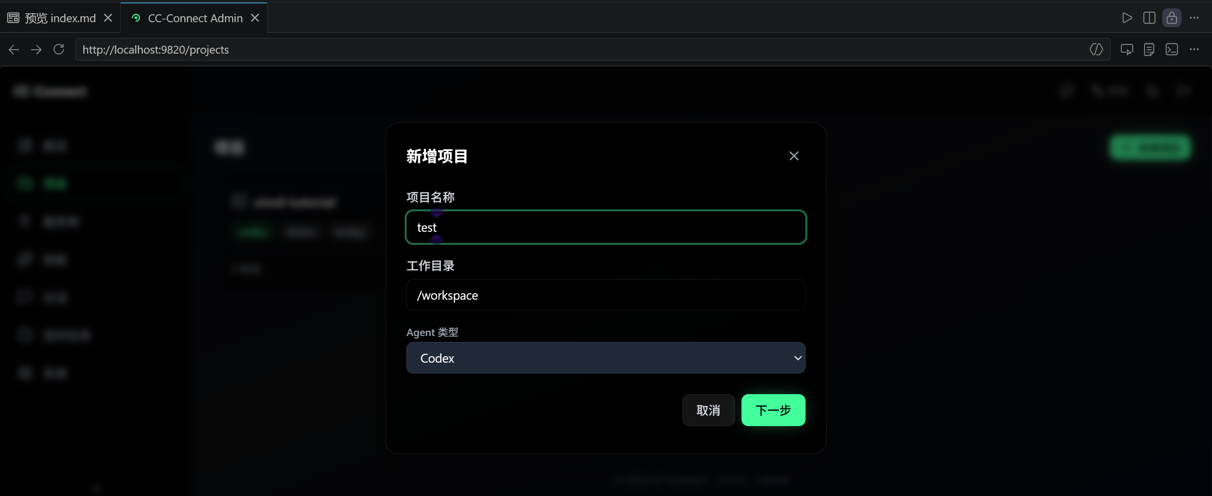 新建项目时填写项目名称和 Agent